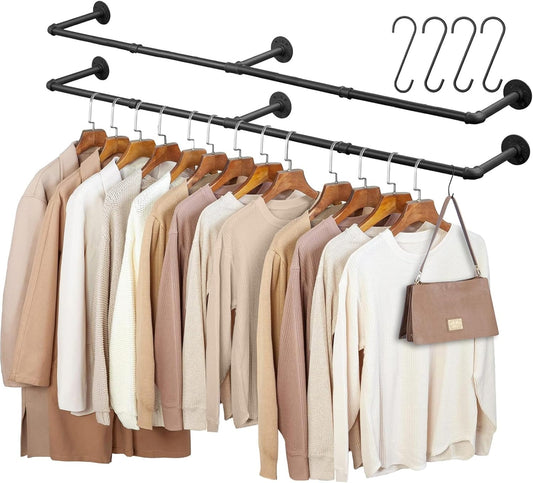 Industrial Pipe Clothing Rack, 66.1" Wall Mounted Clothes Rack Set of 2, Heavy Duty Closet Rod for Hanging Clothes, Space-Saving Detachable Iron Wall Garment Bar 3 Base