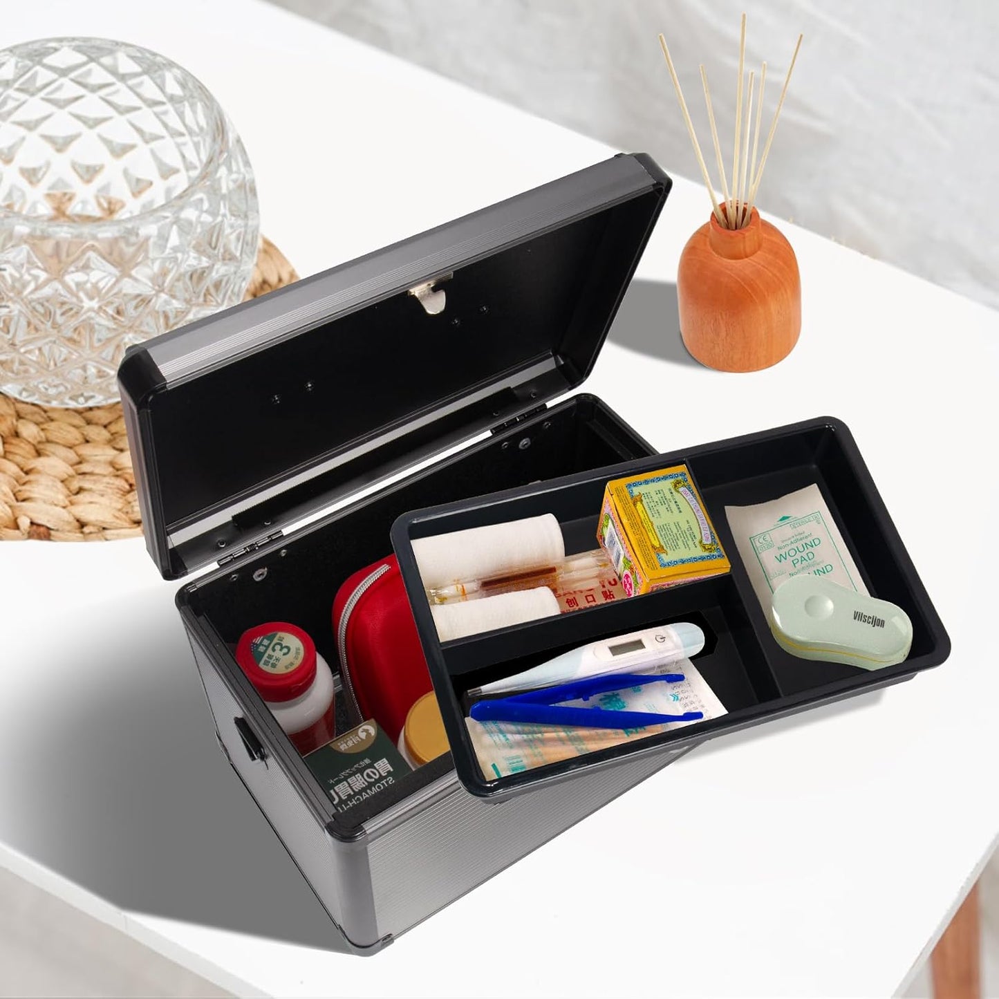 Medicine Lock Box with Key, Alluminum Alloy Box for Medication,First Aid Box with a Removeable Tray to Store Medicines & Pills for Home, Black 12 * 7.68 * 7.87 Inch