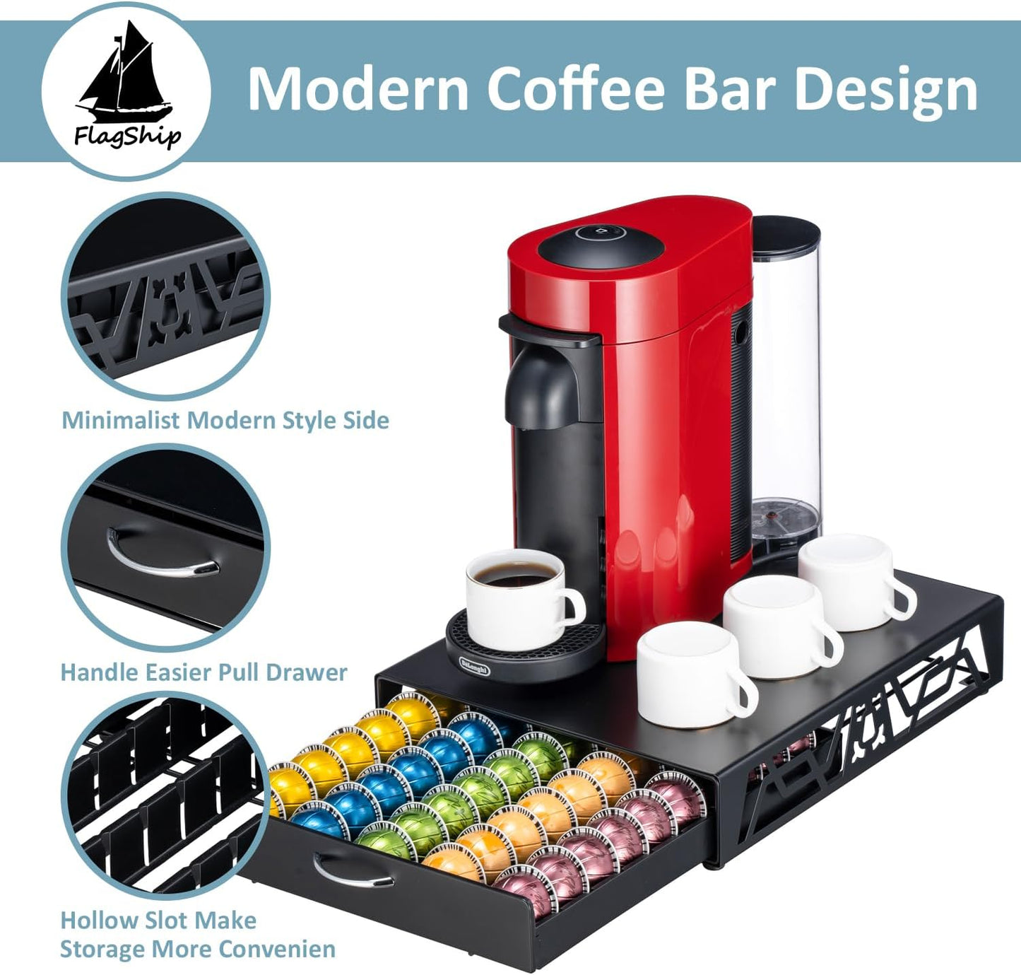 FlagShip Vertuo Pod Storage - Modern Black Metal Coffee Capsule Organizer & Space-Saving Pod Holder for Coffee Machines, Spacious 50 Vertuo Pods Capacity