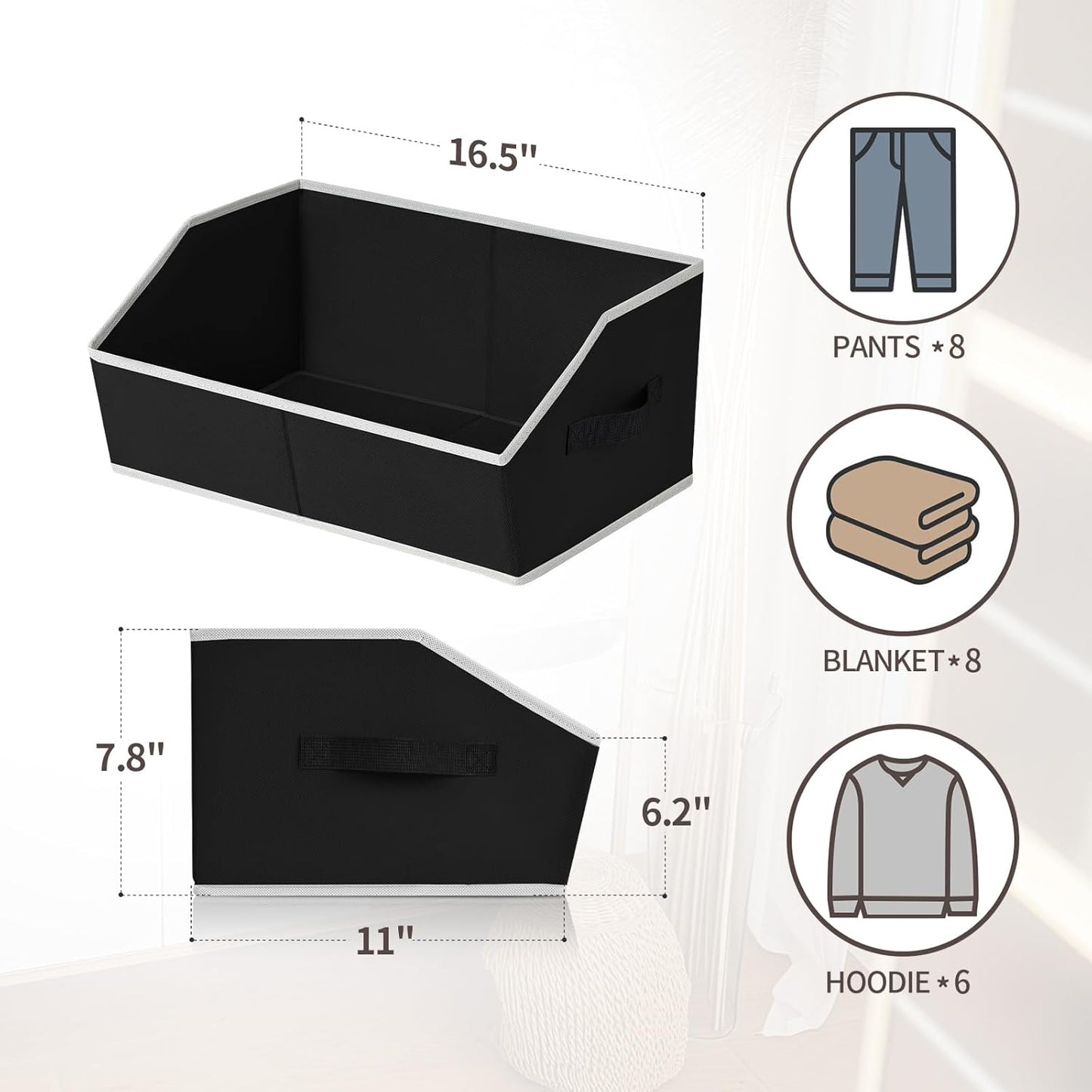Storage Baskets for Shelves - Trapezoid Cube Storage Organizer Bins, Decorative Storage Baskets with Handles, Large Shelves Organizer for Home, Office, Dorm, Black, 4 Pack