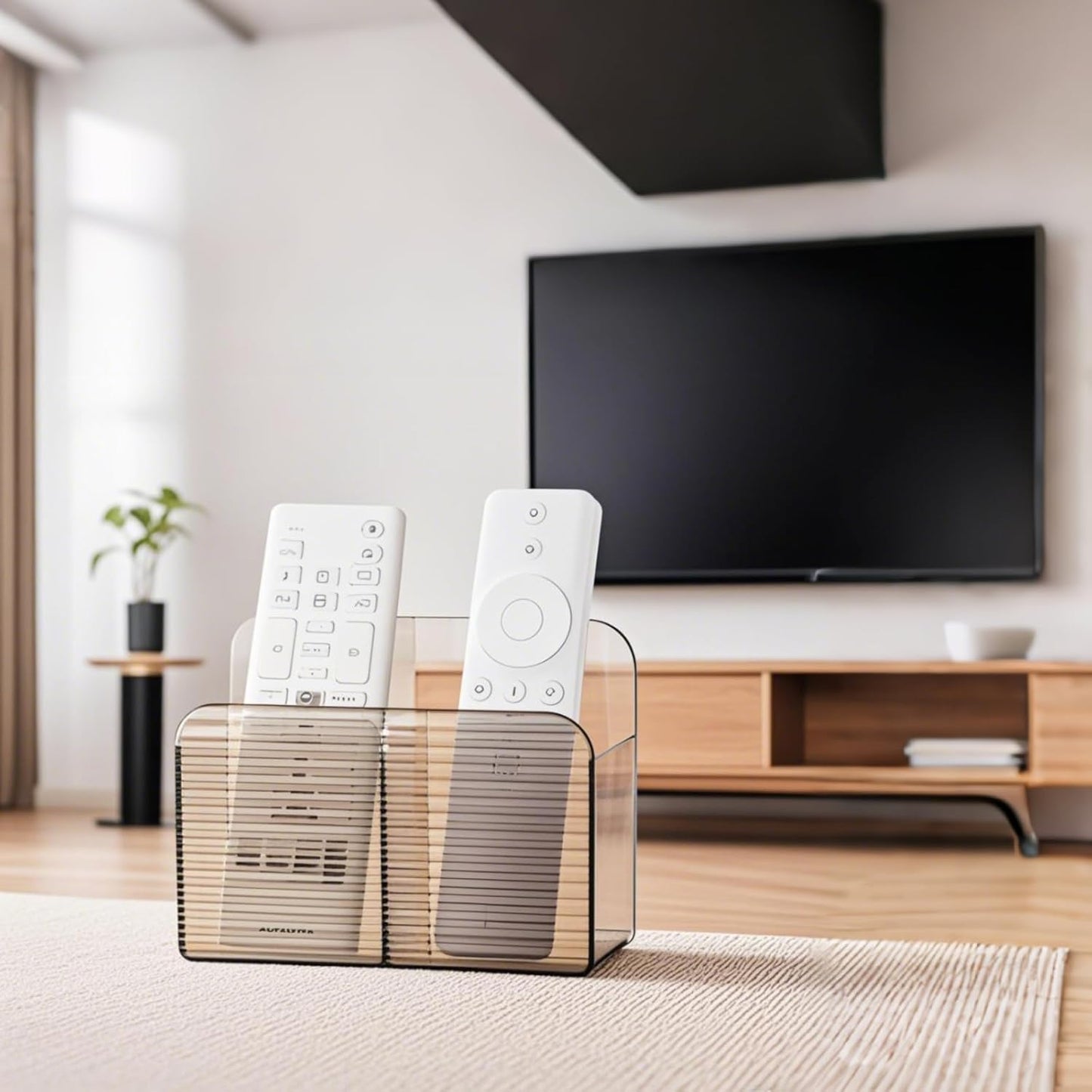 LINFIDITE 2 Pack Adhesive TV Remote Control Holder Wall Mount TV Remote Holder For Bedside Wall Remote Control Caddy Storage Organizer Stand Box （For 2 Or 4 Remote Controls – Clear Brown）