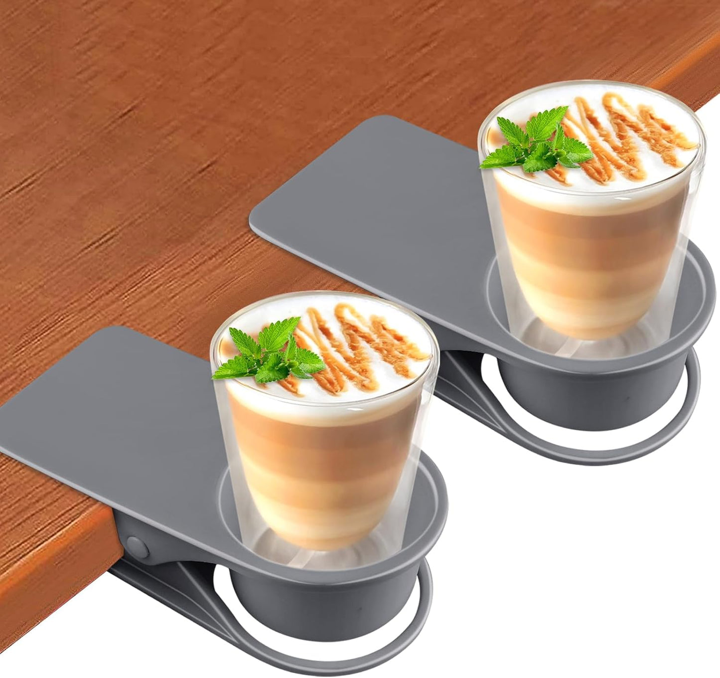 2PCS Drinking Cup Holder, Kalolary Desk Bottle Cup Stand DIY Glass Clamp Storage Saucer Clip Water Coffee Mug Holder Saucer Clip Design for Home & Office, Grey