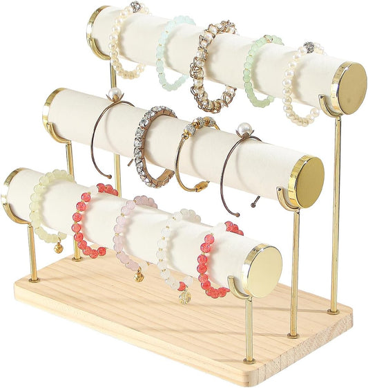 Coward Bracelet Holder Stand Rack, Removable Bracelet Display Organizer, T-Bar Wood Base Bangle Watch Scrunchies Jewelry Storage Towers for Home Desk or Shop Selling (3 Layer)