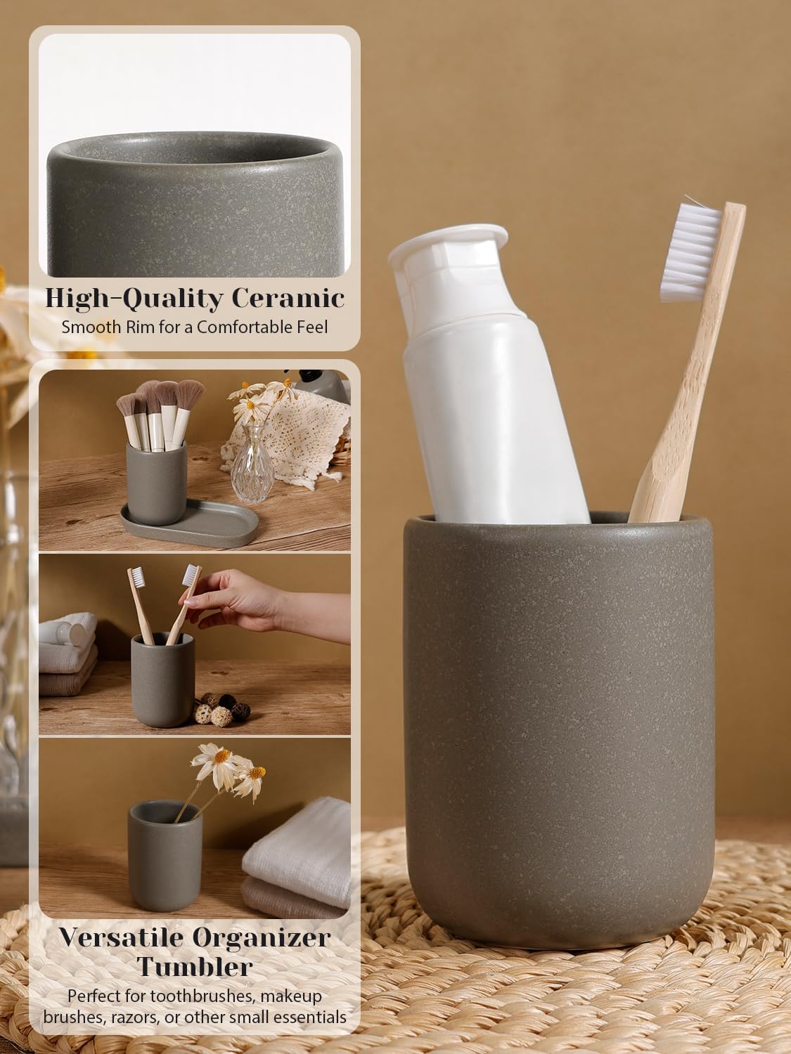 INGOFIN 3 Pcs Ceramic Bathroom Accessory Set - Liquid Soap Dispenser, Toothbrush Holder & Tray, Bathroom Counter Set, Countertop Essentials for Home, Guest Bathroom, or Office Use, Grey