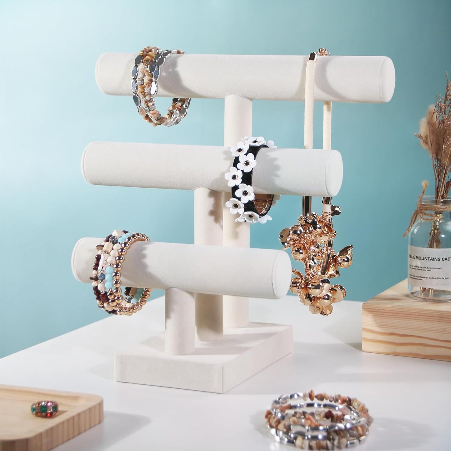 T-Bar Bracelet Holder Stand, Bracelet Jewelry Organizer Stand, Bangle Bracelet Watch Display for Selling, Scrunchie Hair Ties Jewelry Storage Rack for Women (3 tier beige)