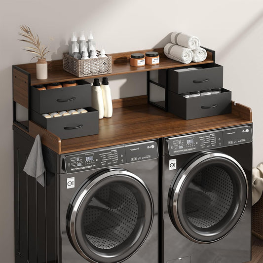 4 Drawers Washer Dryer Countertop with Shelf, 27.5" D x 54" W Laundry Topper with 3.54" High Guardrails and Non-Slip Pads,Extra Storage Organizer for Over Washer and Dryer, Holds 66 Lbs,Dark Walnut