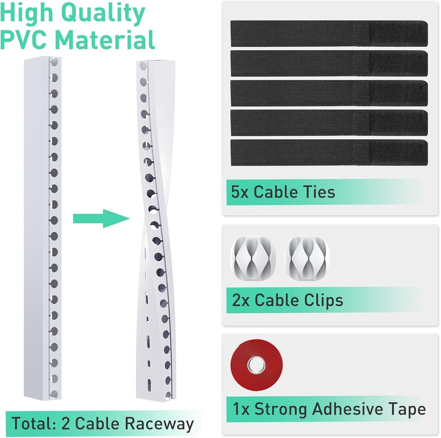 Updated White Cable Raceway Kit, 155（10x15.5） inch Open Slot Wire Covers for Cords, Cable Management System to Hide Under Desk/TV/Computer/Net/Power Cords(Pack 10)