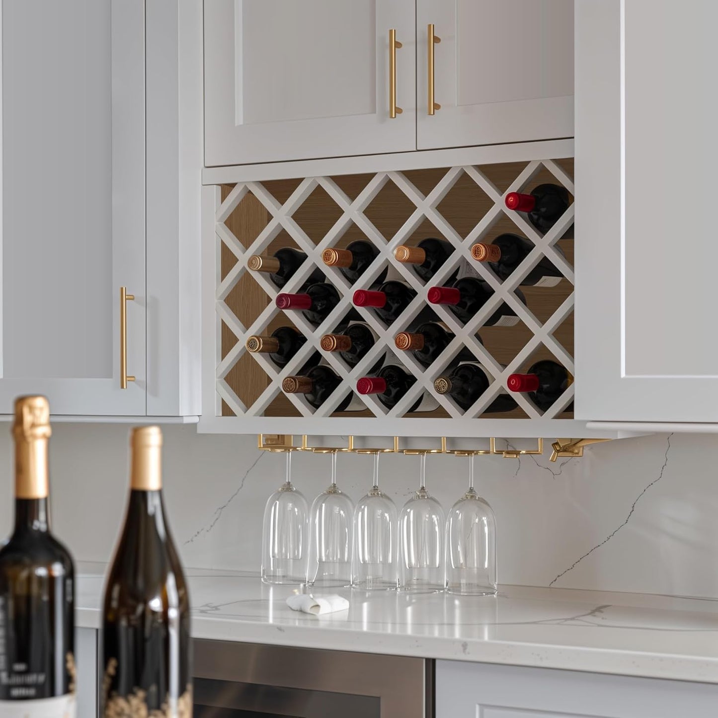 Solid Wood RTA Wine Bottle Rack Wall Cabinet with Lattice Panels - Wine Storage for Bar, Pantry, Cellar & Countertop - Mocha (White, 36'W 12'D 15'H)