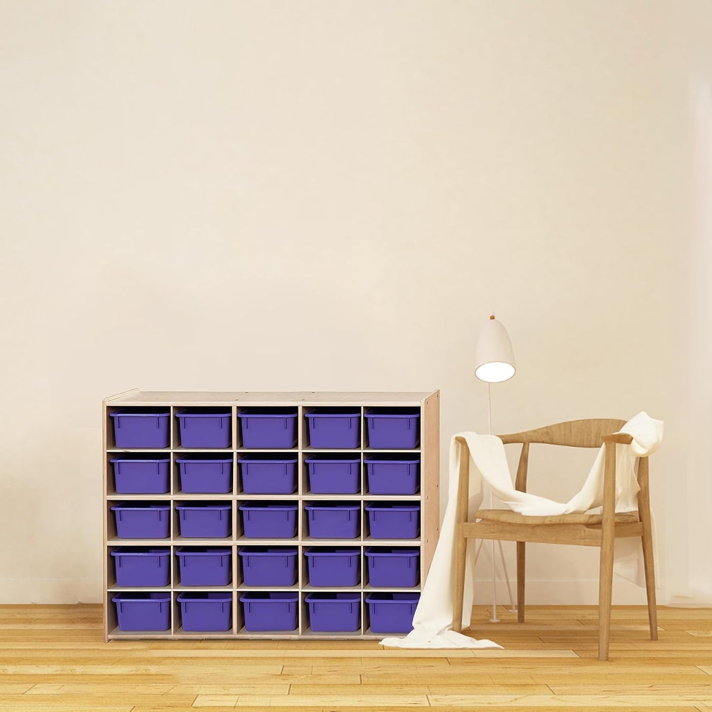 Contender 25 Trays Birch Hardwood Shelving Unit with Purple Bins, Kindergarten, Home-School, Daycare Organizer for Toys, Art and Craft Supplies [ Fully Assembled ]