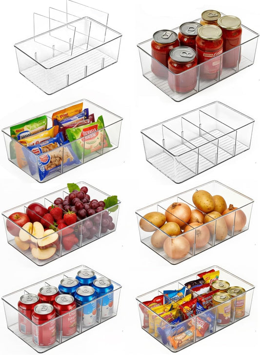 8 Pack Pantry Organizers and Storage,Snack Containers with 3 Dividers for Kitchen,Fridge,Refrigerator Organization and Storage,Clear Plastic Organizer Bins for Spice,Tea bag,Seasoning
