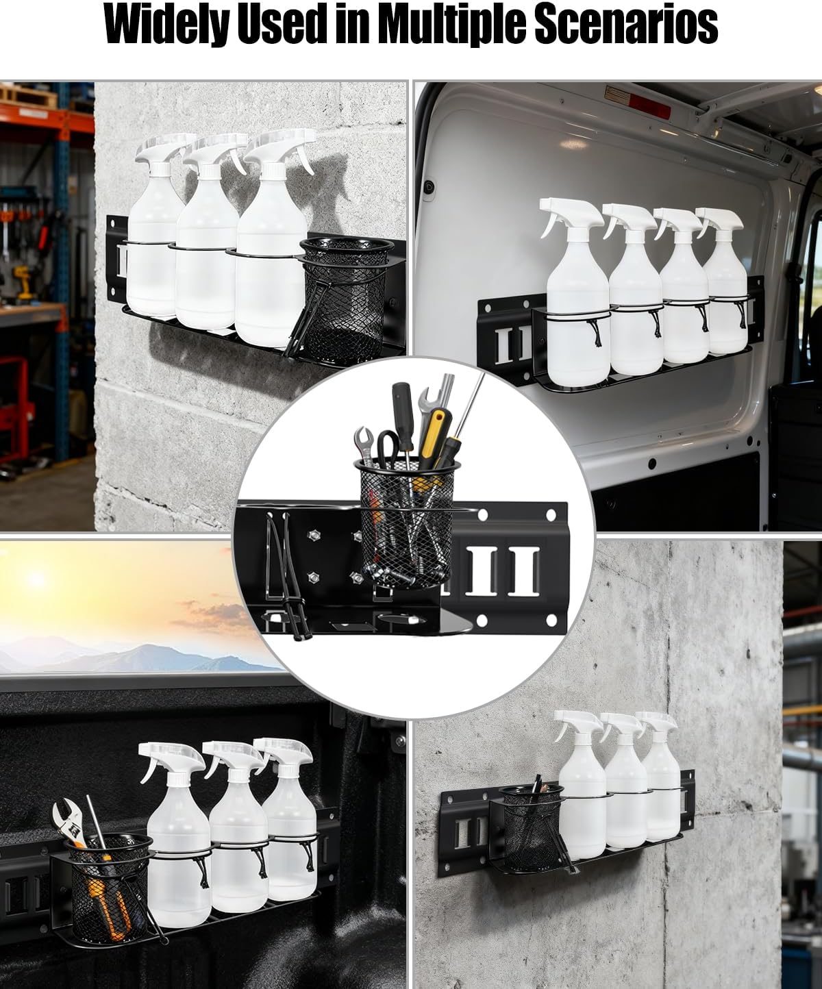 2 Pack E-Track Spray Bottle Holder, Heavy Duty Spray Can Rack for Enclosed Trailer, Wall Mount Bottle Organizer 7-Bottle Capacity with Tool Organizer, E Track Accessories