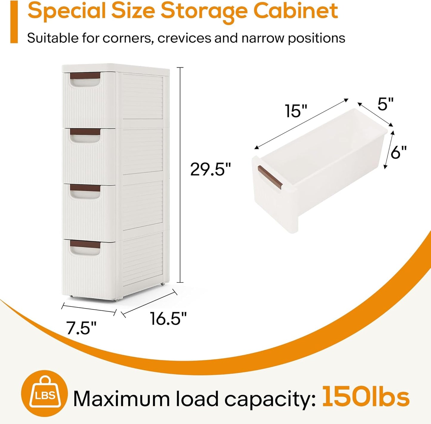 4 Drawers Slim Bathroom Storage Cabinet Dresser, Narrow Plastic Rolling Cart Organizer with Drawers, for Small Spaces, Kitchen, Laundry, Office, Bedroom, White