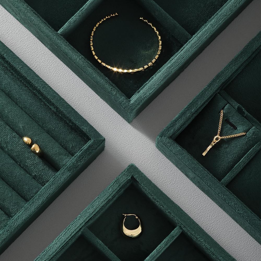 Velvet Stackable Jewelry Display Tray, 24 Grid Earring Ring Storage Tray, Drawer Divider Jewelry Accessories Organizer Plate (Green)
