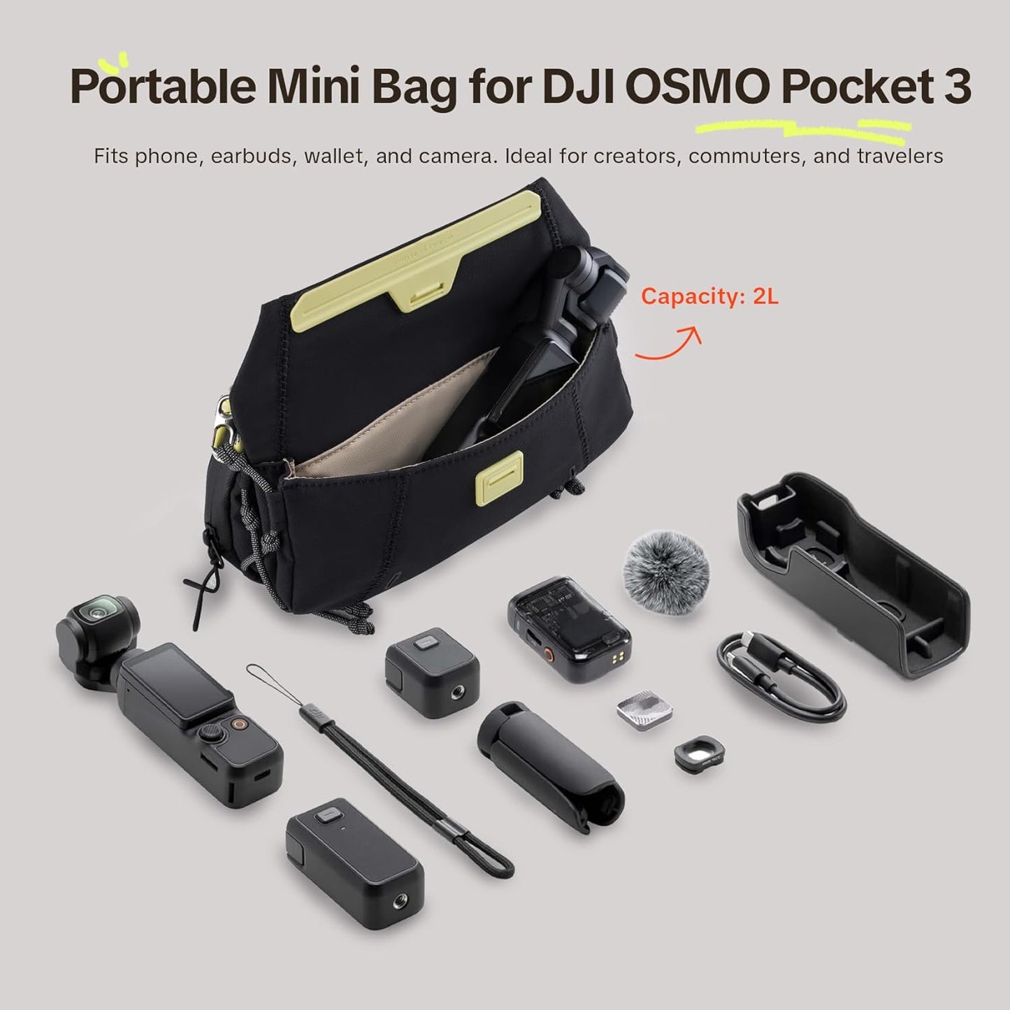 PGYTECH OneGo Pocket Sling for DJI Osmo Pocket 3, Portable Splashproof Everyday Carry Case with Detachable Strap, 2L, 3-Layer Storage Carrying Bag for Smartphones & Action Cameras Accessories, Black