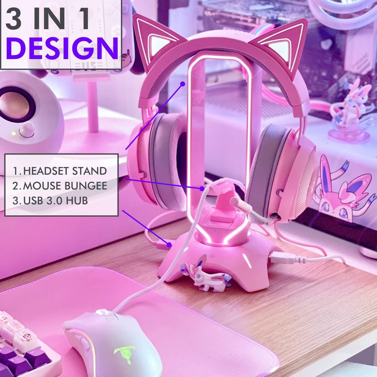 Tilted Nation Cute Headphone Stand Pink | Headset Stand with RGB, Mouse Bungee Holder, and 2 Port USB Hub Charger - Desk Gaming Accessories
