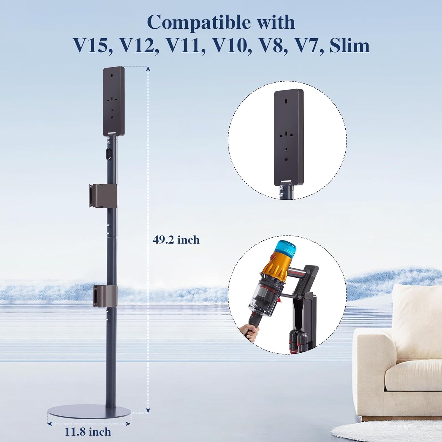 Vacuum Stand Compatible with Dyson V15, V12, V11, V10, V8, V7, Carbon Steel Floor Dock, Storage Holder with Built-in Cable Slot, 2 Clips for 7 Attachment Holder