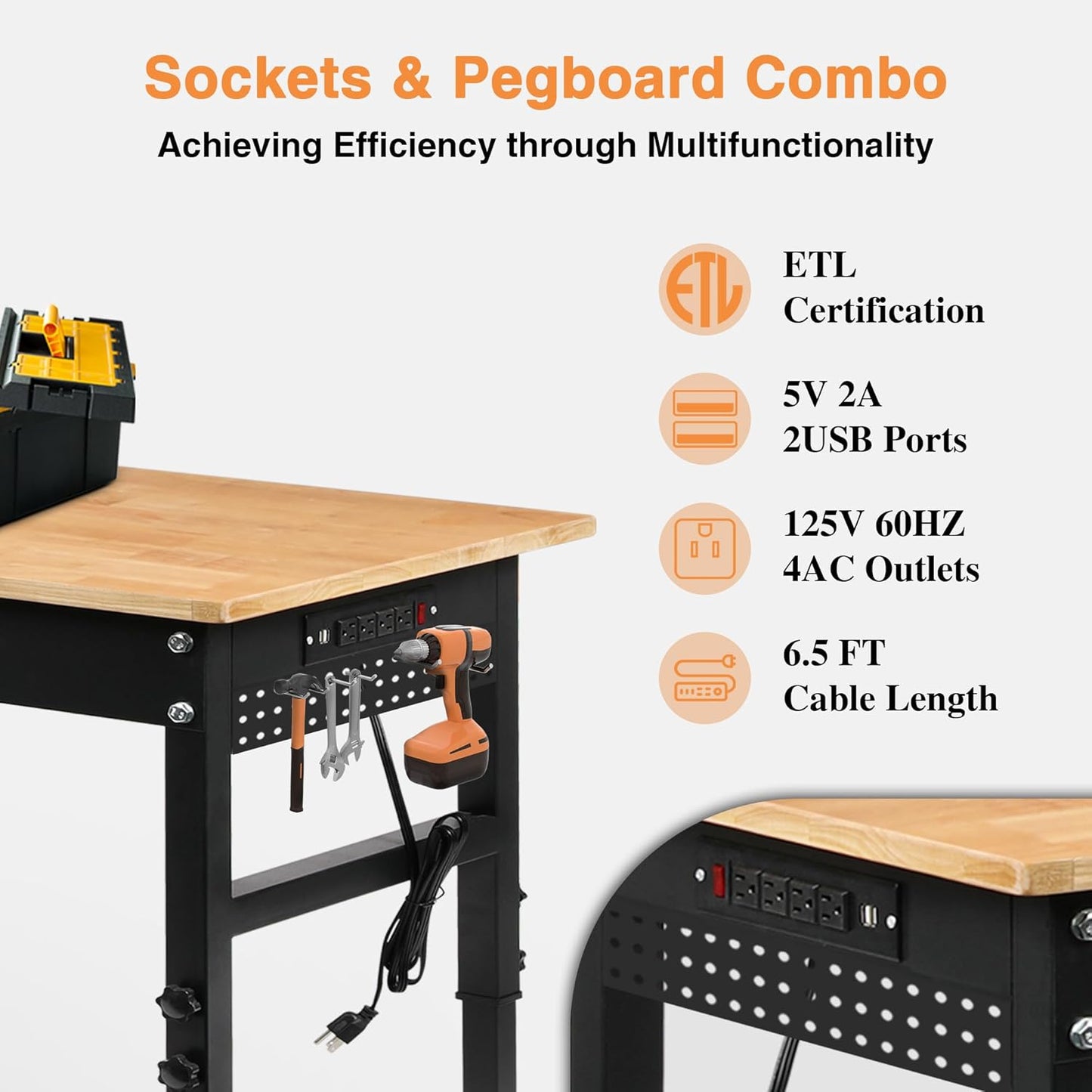 Betterhood 70" Adjustable Workbench on Wheels, 2000 LBS Heavy Duty Work Table with Power Outlets & Pegboard, Rubber Wood Workstation for Garage, Workshop, Office, Home, Commercial