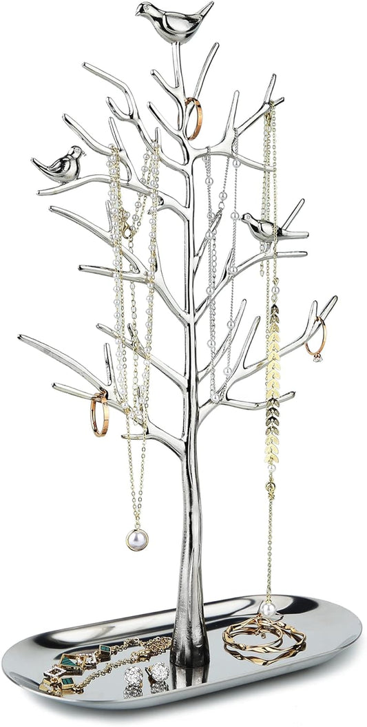 MORE&LESS Branch Jewelry Rack with metal tray,Luxury color,Tree Tower Rack Hanging Organizer for Ring Earrings Necklace Bracelet,Suitable for living rooms, bathrooms,offices,etc.