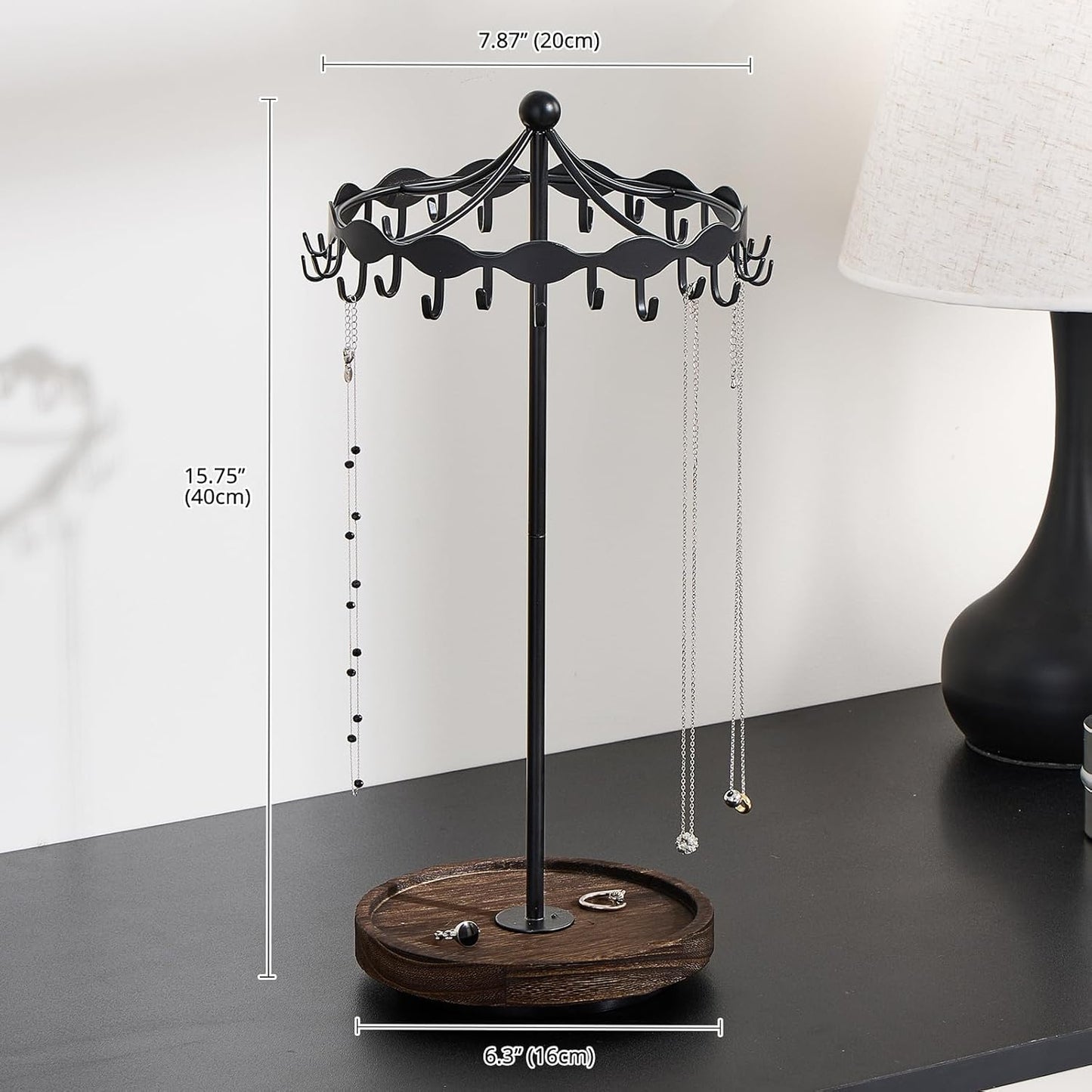 Lolalet Rotating Necklace Holder Stand with Metal Hooks, Spinning Display Carousels, Freestanding Organizer Hanger, for Long Necklaces Chains -Black