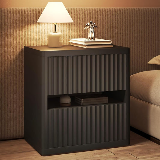 Dripex Fluted Nightstand with 2 Drawers, Large Wide Wood Night Stand Bedside Tables for Bedroom, Mid-Century Modern Storage Bed Side Table, End Tables for Living Room Sofa Couch, Black, Set of 1