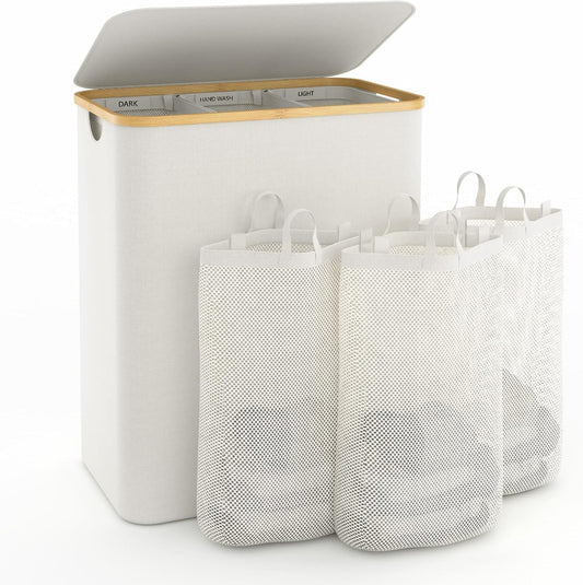Hampers for Laundry Basket with Lid, 160L Extra Large Laundry Hamper 3 Section Dirty Clothes Hampers for Laundry Divided Laundry Basket Organizer for Bedroom,Laundry Room, Dirty Clothing Hamper, Beige