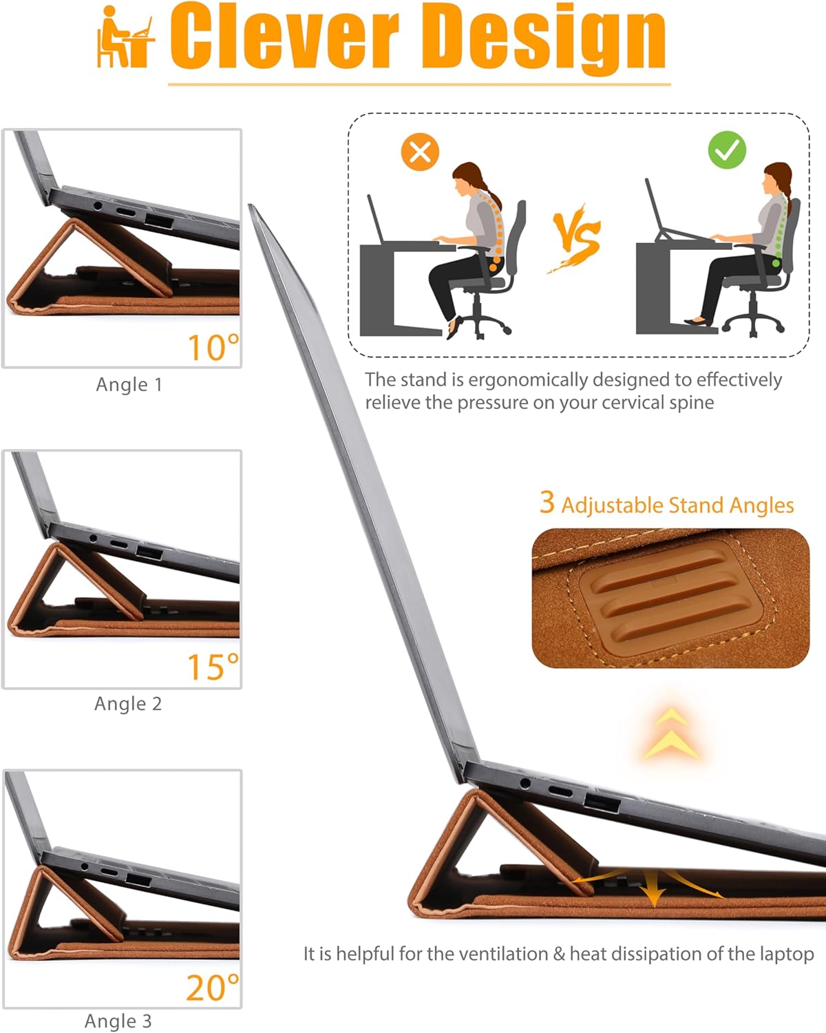 HYZUO 13 Inch Laptop Sleeve with Adjustable Stand for MacBook Air 13 M4 M3 M2 M1 2025-2018, MacBook Pro 13 M2 M1 2025-2016, Surface Pro, iPad Pro/Air 13 M4 M3 M2, XPS 13, with Pouch, Brown