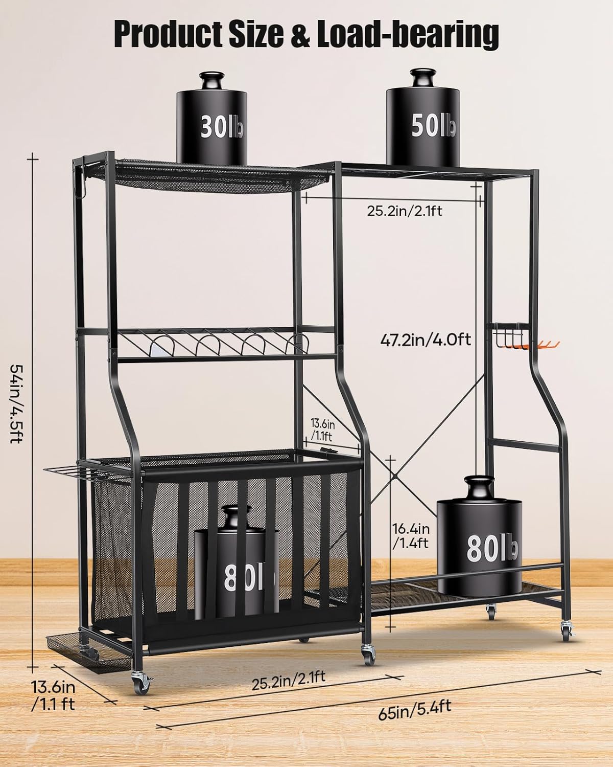 Garage Sports Equipment Organizer with Wheels - Golf Bag Storage Rack and Ball Storage Bins, Heavy Duty Rolling Garage Organizer System with Basket and Hooks for Indoor/Outdoor Sports Gear