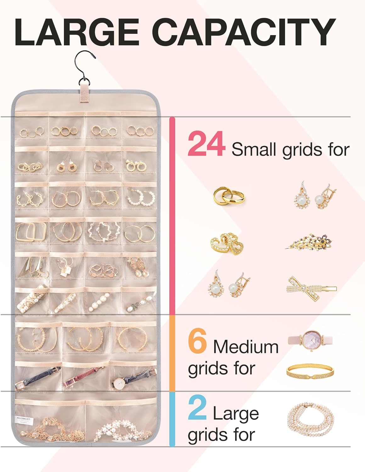 BAGSMART Hanging Jewelry Organizer Storage Roll with Hanger Metal Hooks Double-Sided Jewelry Holder for Earrings, Necklaces, Rings on Closet, Wall, Door, 1 piece, Large, Grey