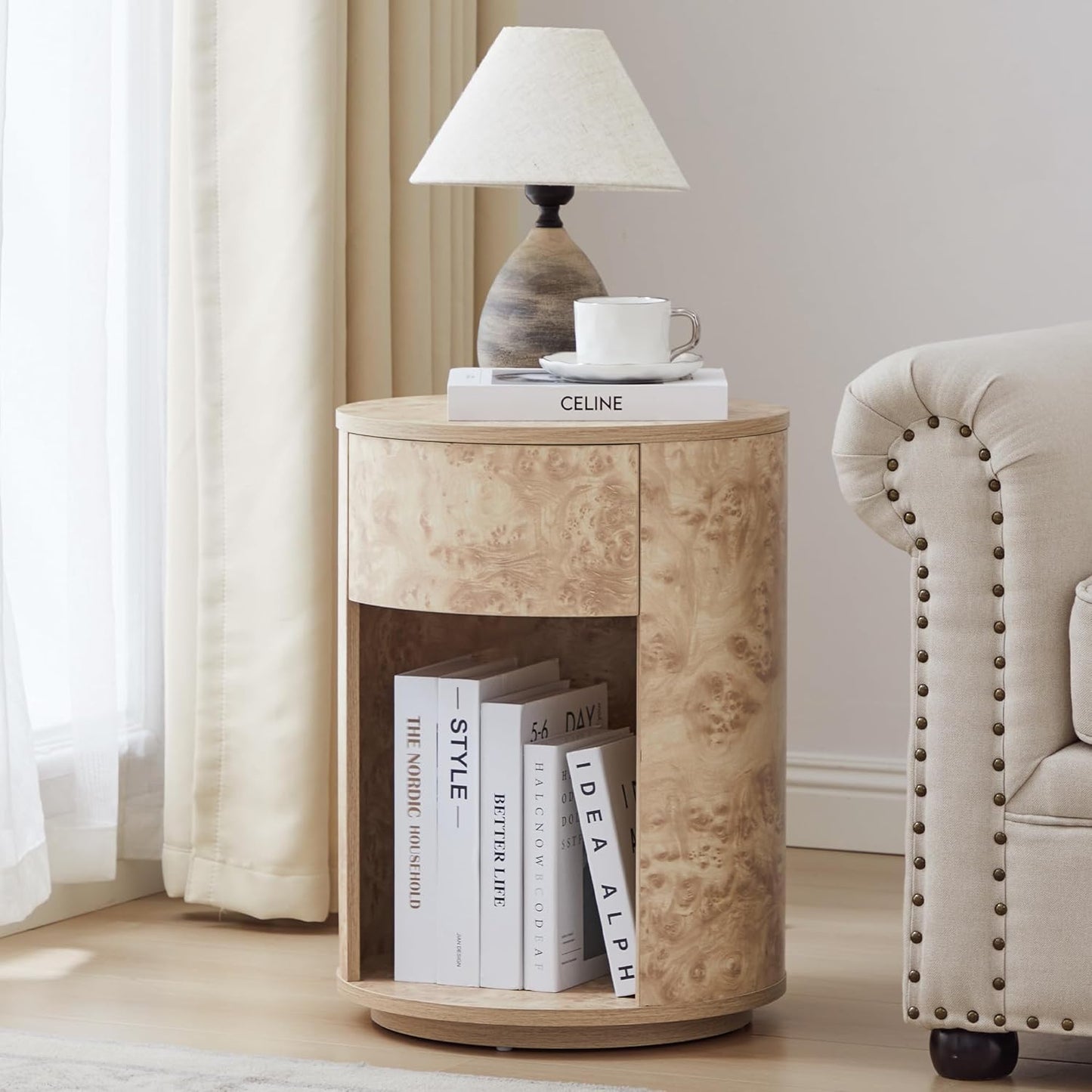 Side Table with Drawer, Round Bedside Table with Open Shelf, Farmhouse Burl Wood Nightstand Accent Table for Living Room, Bedroom (Natural, 1-Pack)