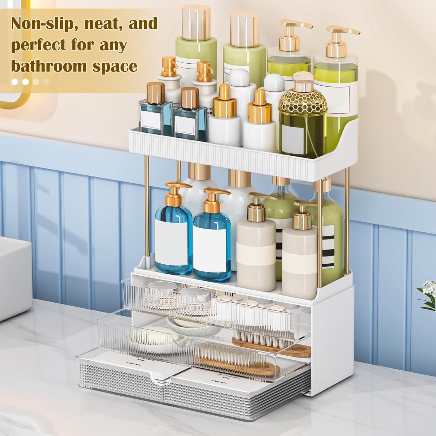 5 Tiers Bathroom Counter Organizer - 3 Drawers Makeup Organizer, Cosmetic Storage Drawer for Dresser Countertop and Bathroom Vanity for Large Skincare, Perfume, Clear