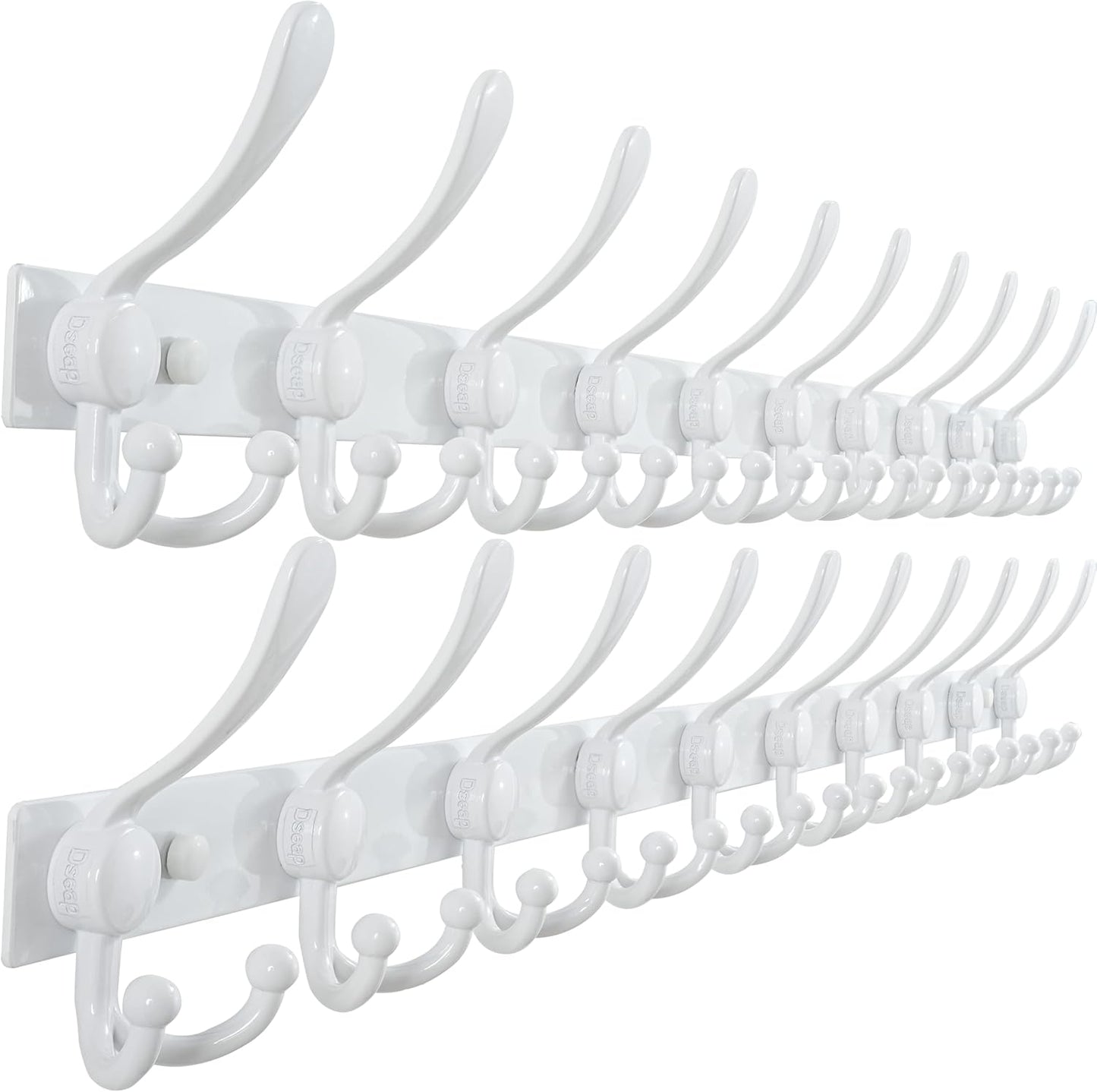Dseap MaxStrong 2.0 Coat Rack Wall - 37” Long 10 Tri Hooks - Ultra Heavy-Duty Stainless Steel Wall Mount Coat Hanger, Hook Rail for Clothes Hats Jacket Towels White, Pack of 2
