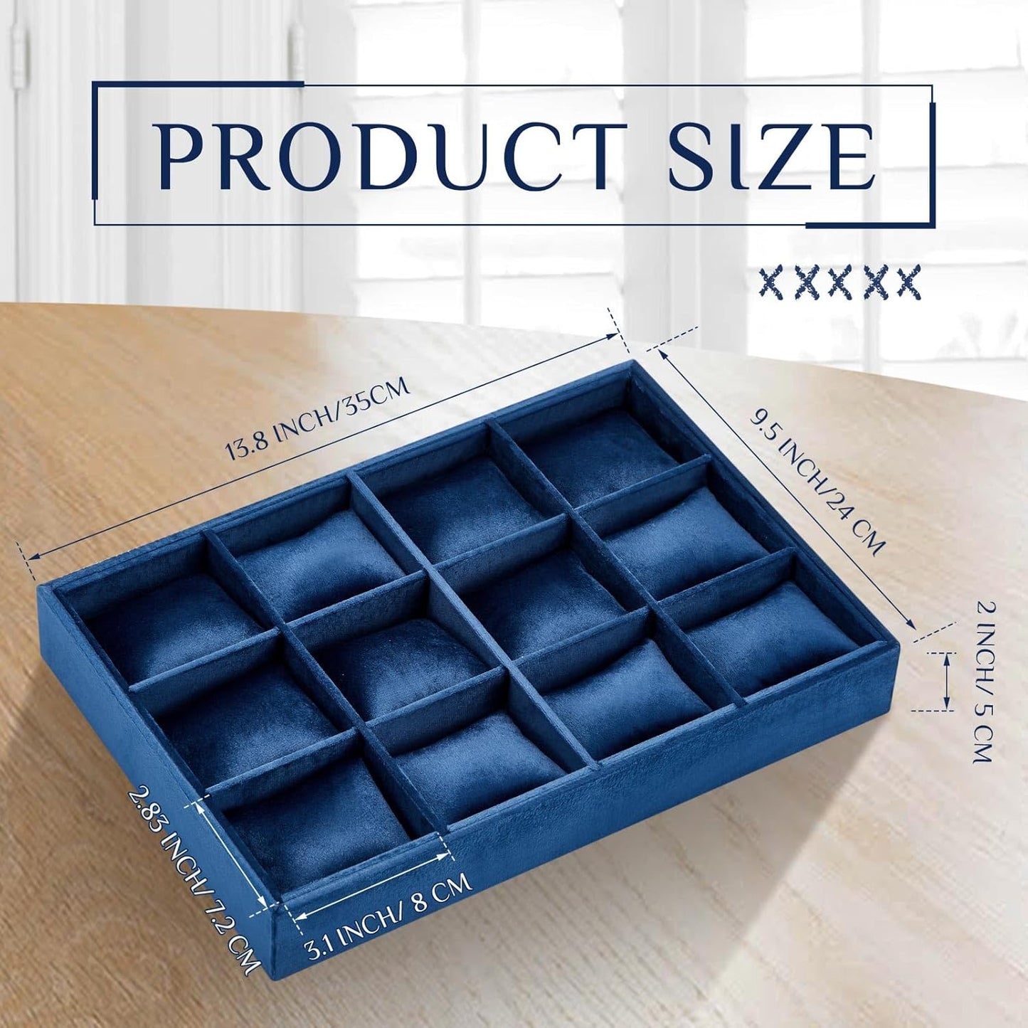Henoyso 2 Pieces 12 Grid Velvet Watch Tray Jewelry Organizer Stackable Watch Bracelet Bangle Display Holder Adjustable Pillow(Blue)