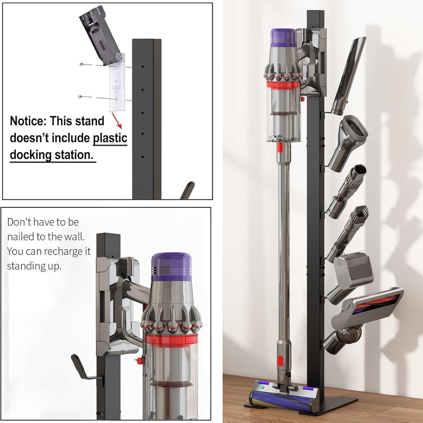 MOOPHY Vacuum Stand for Dyson V15 V12 V11 V10 V8 V7 V6, Stable Metal Storage Holder Standing Dock Station for Dyson Handheld Cordless Vacuum Cleaner & Accessories, 6 Hooks