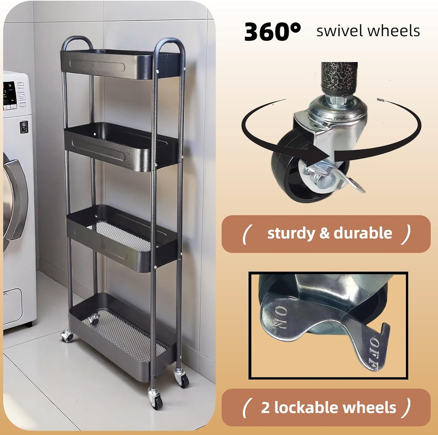 4 Tier Slim Storage Cart with Wheels for Laundry Room Between Washer and Dryer, 7.1'' Narrow Rolling Cart with Wheels and Lockable Casters, Metal Thin Standing Shelf for Small Space, Black