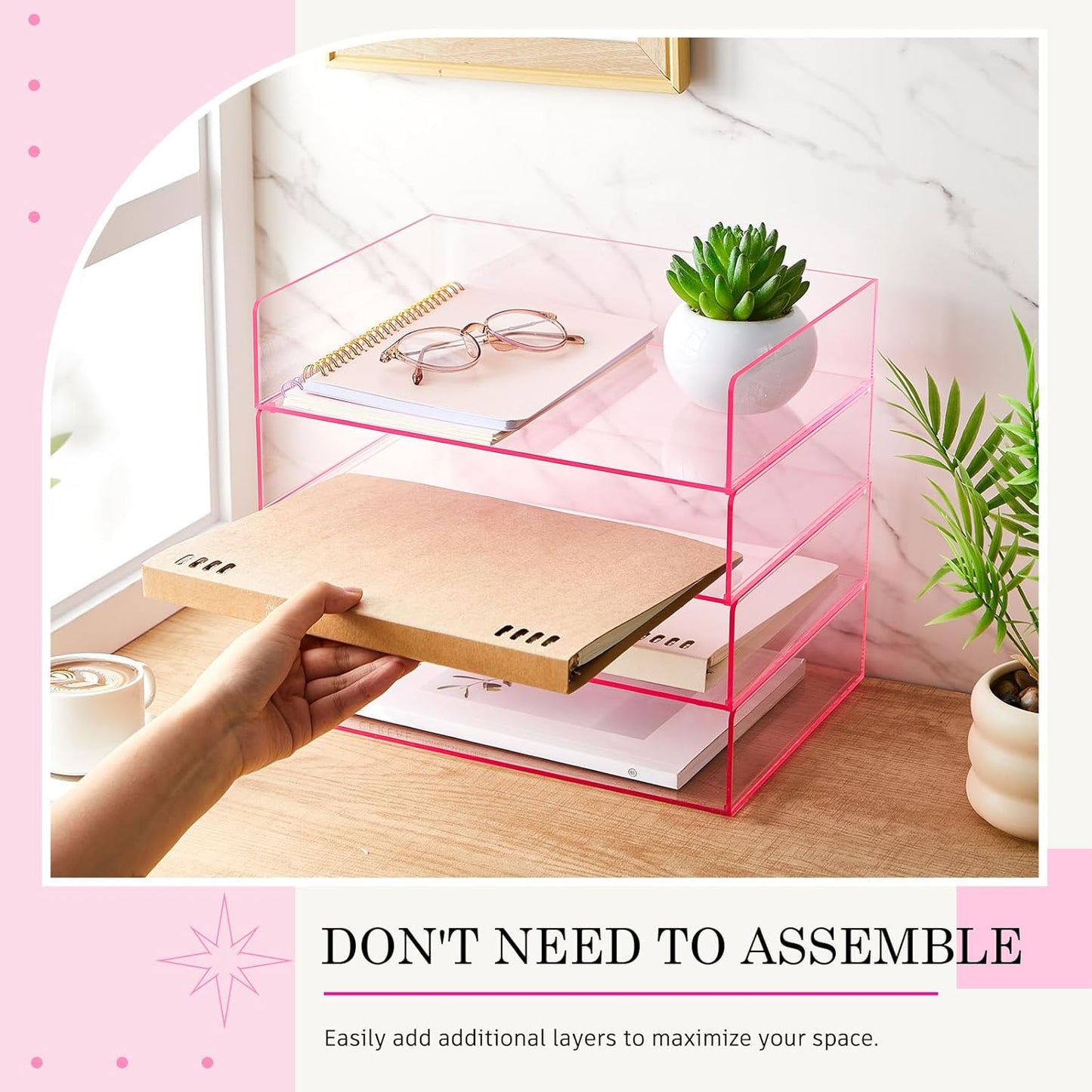 Harloon 4 Tier Acrylic Paper Tray 12.4 x 8.7 x 2.7 Inches Stackable Letter Clear Organizer No Need to Assemble Acrylic Paper Organizer File Tray for Office Workspace Desktop Storage(Transparent Pink)