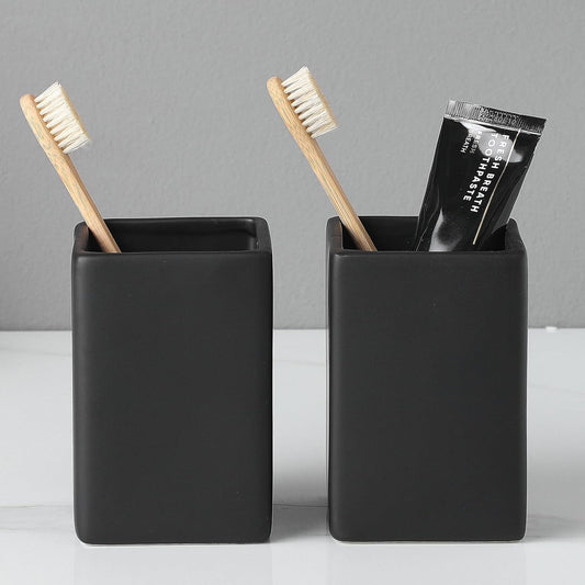 Black Square Toothbrush Holders for Bathrooms - 2 Cups Ceramic Square Toothbrush Toothpaste Holders Set, Bathroom Tumbler Cups Reusable Toothbrush Mouthwash Cup, Bathroom Counter Organizer.