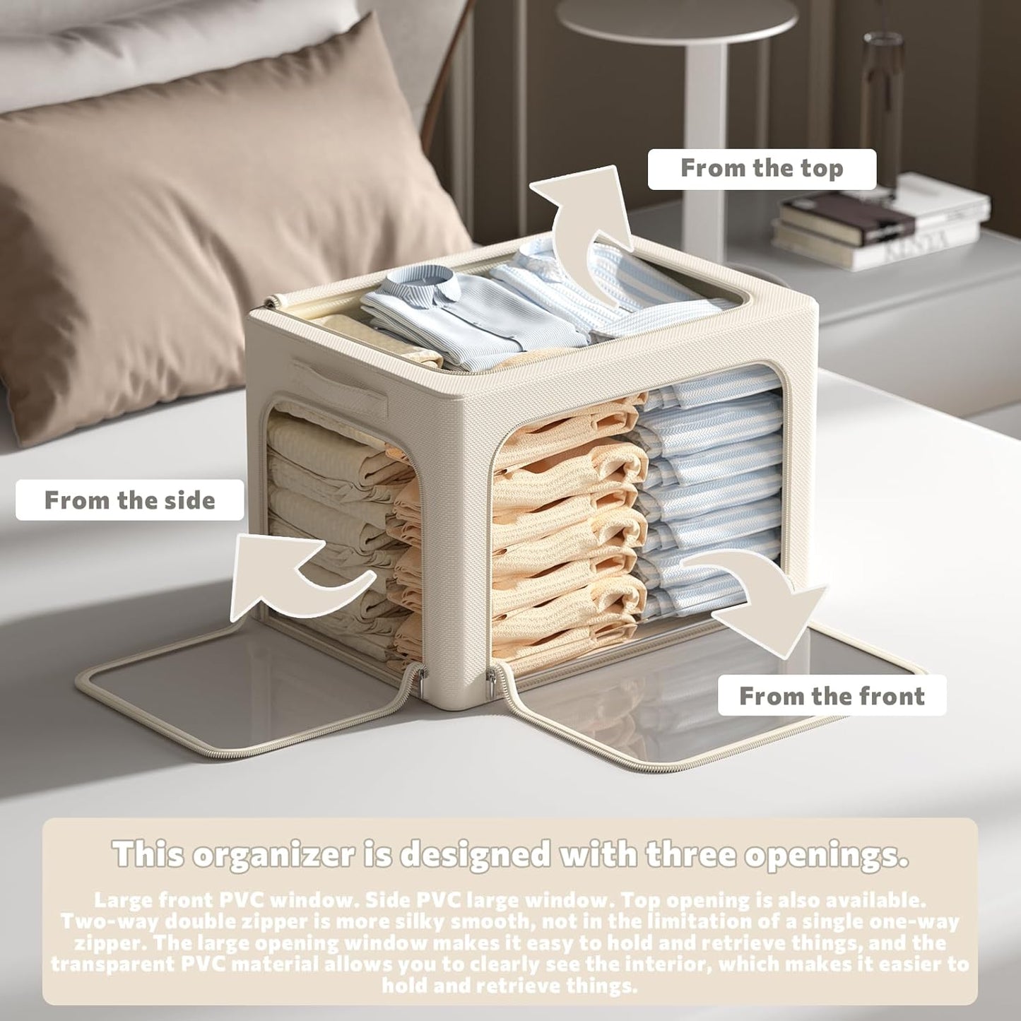 CYhom 3Pack Clothes Storage Bins - Oxford Frame Storage Box Foldable Stackable Storage Organizer with 3 Openings Design, Metal Frame, Clear Window, Carry Handles (36L-15.7 * 11.8 * 11.8in, Beige)