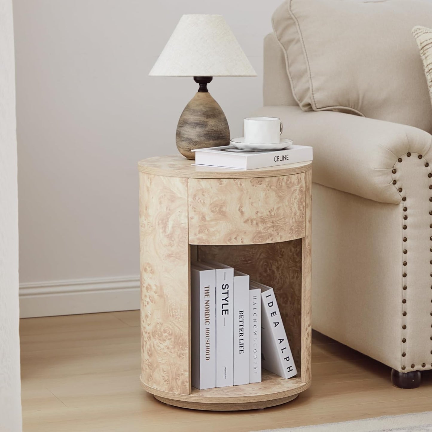 Side Table with Drawer, Round Bedside Table with Open Shelf, Farmhouse Burl Wood Nightstand Accent Table for Living Room, Bedroom (Natural, 1-Pack)