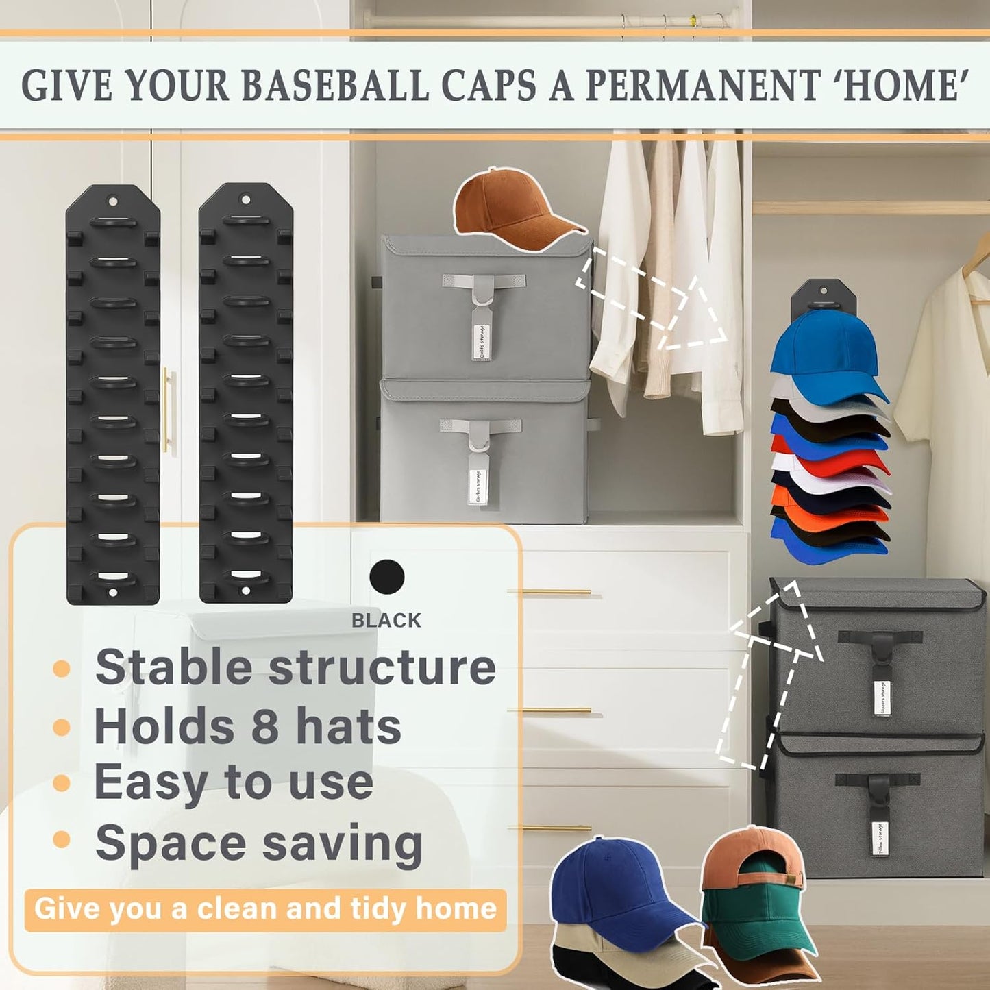 2 Pack Hat Organizer for Baseball Caps,Hat Rack for Wall, Compact Hat Storage Display Holder,Hold Up to 20 Hats,Hat Hanger Strong Adhesive/Wall Drilled for Door,Bedroom,Closet