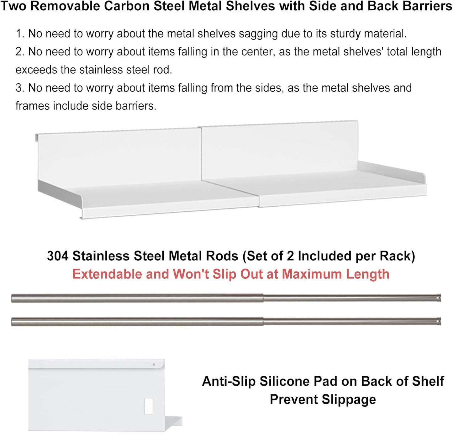 Expandable Under Cabinet Shelf Organizer with 0.94-Inch Thick Clips, Heavy Duty Extendable Under Shelf Storage Basket for Pantry or Laundry Room, White, 2 Pack, Interior: 5.7" H x 7.2" D