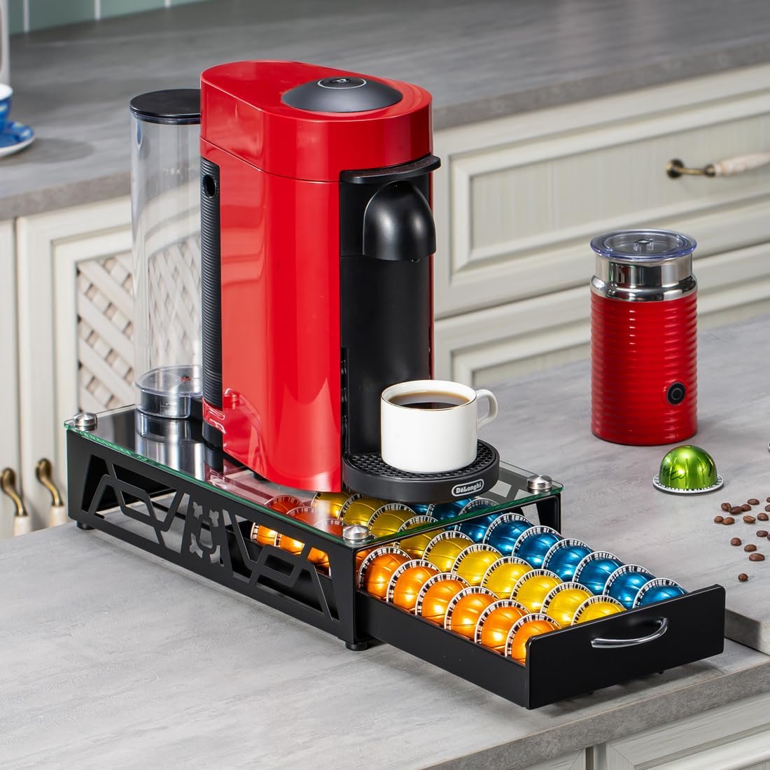 FlagShip Vertuo Pod Drawer Glass Top Coffee Capsule Organizer & Space-Saving for Nespresso Pod Holder Coffee Machine Stand(30 Vertuo Pods Capacity)