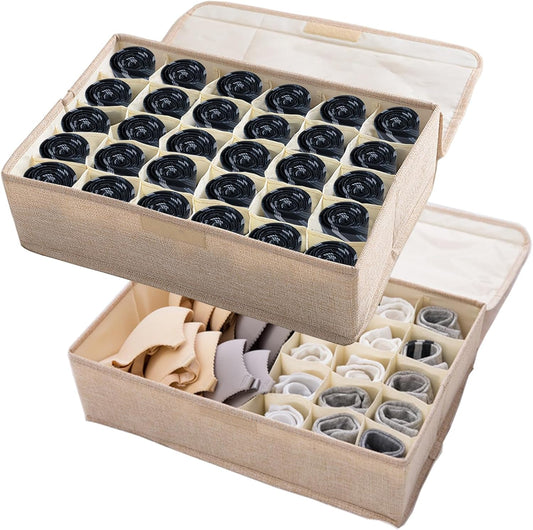 AARAINBOW 2 Packs Underwear Socks Ties Storage Organizer with Lids Foldable Closet Drawer Organizer 46 Cells, Fabric Drawer Wardrobe Divider Organizer for Bra Scarves Lingerie (30+16 Cell, 2 Beige)