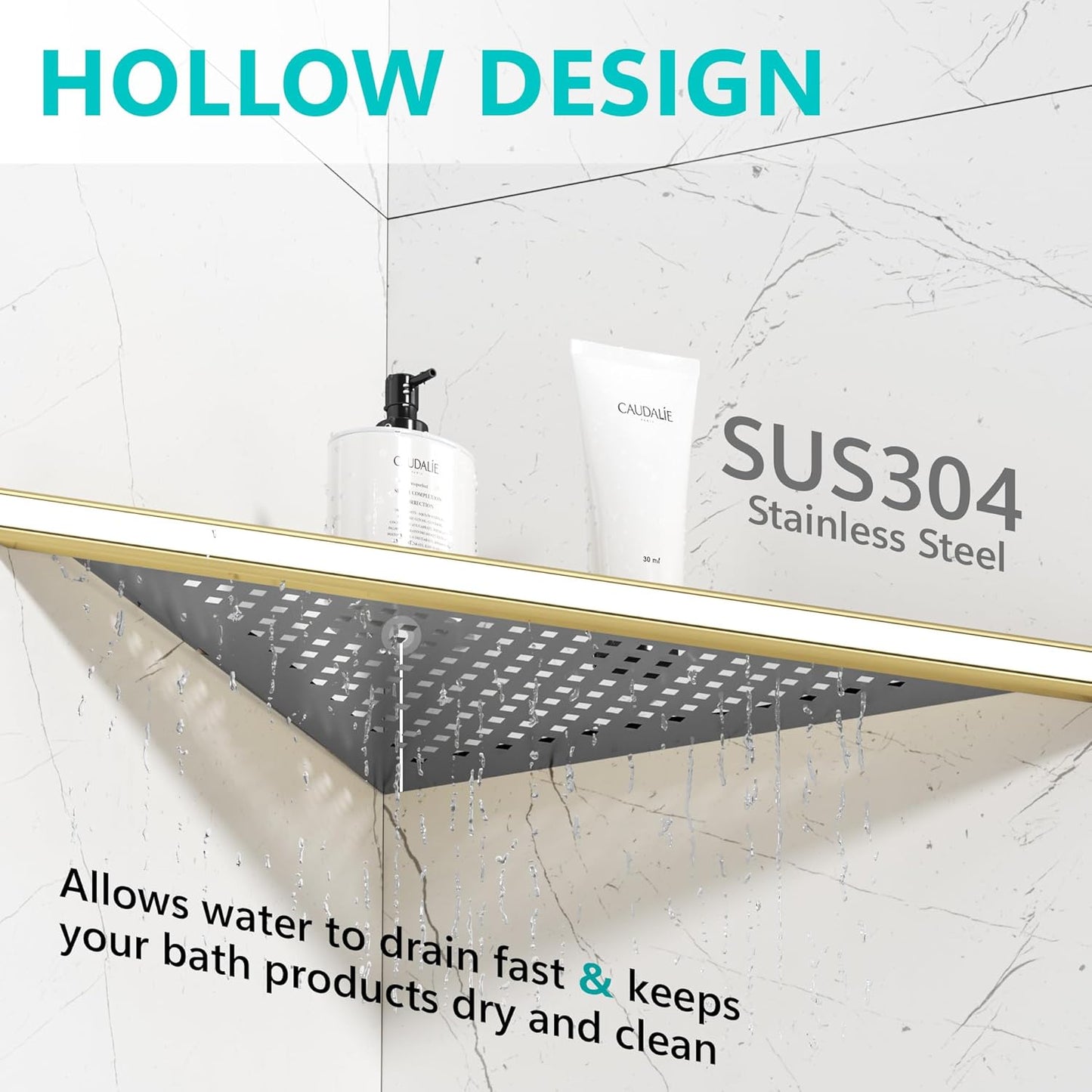 Bathroom Corner Shelf, Recessed 12" Shower Shelf Caddy, SUS304 Stainless Steel Shelf Wall Mount Triangular, No Drilling, Brushed Golden