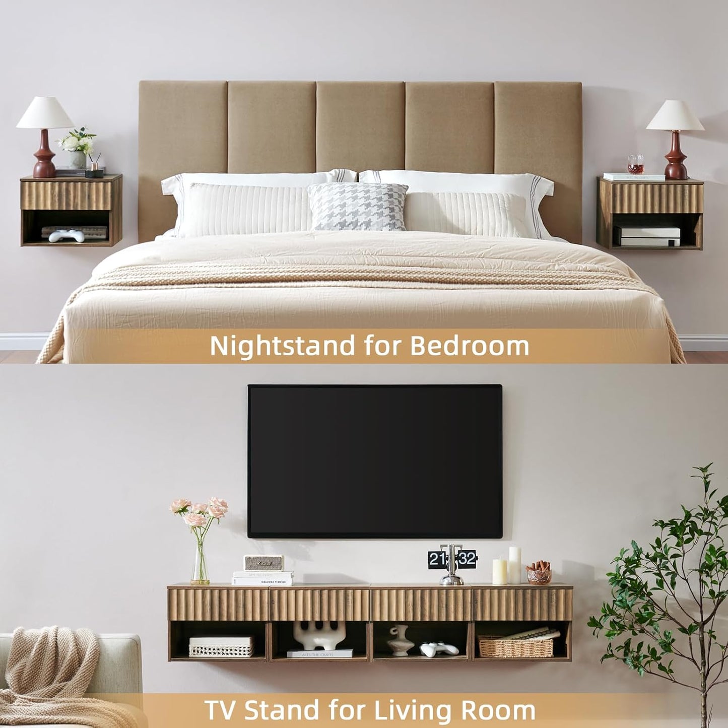 Floating Nightstand with Fluted Drawer - Modern Wall Mounted Bedside Table with Open Storage Shelf, Small Night Stand TV Stand for Bedroom(Rustic Brown)