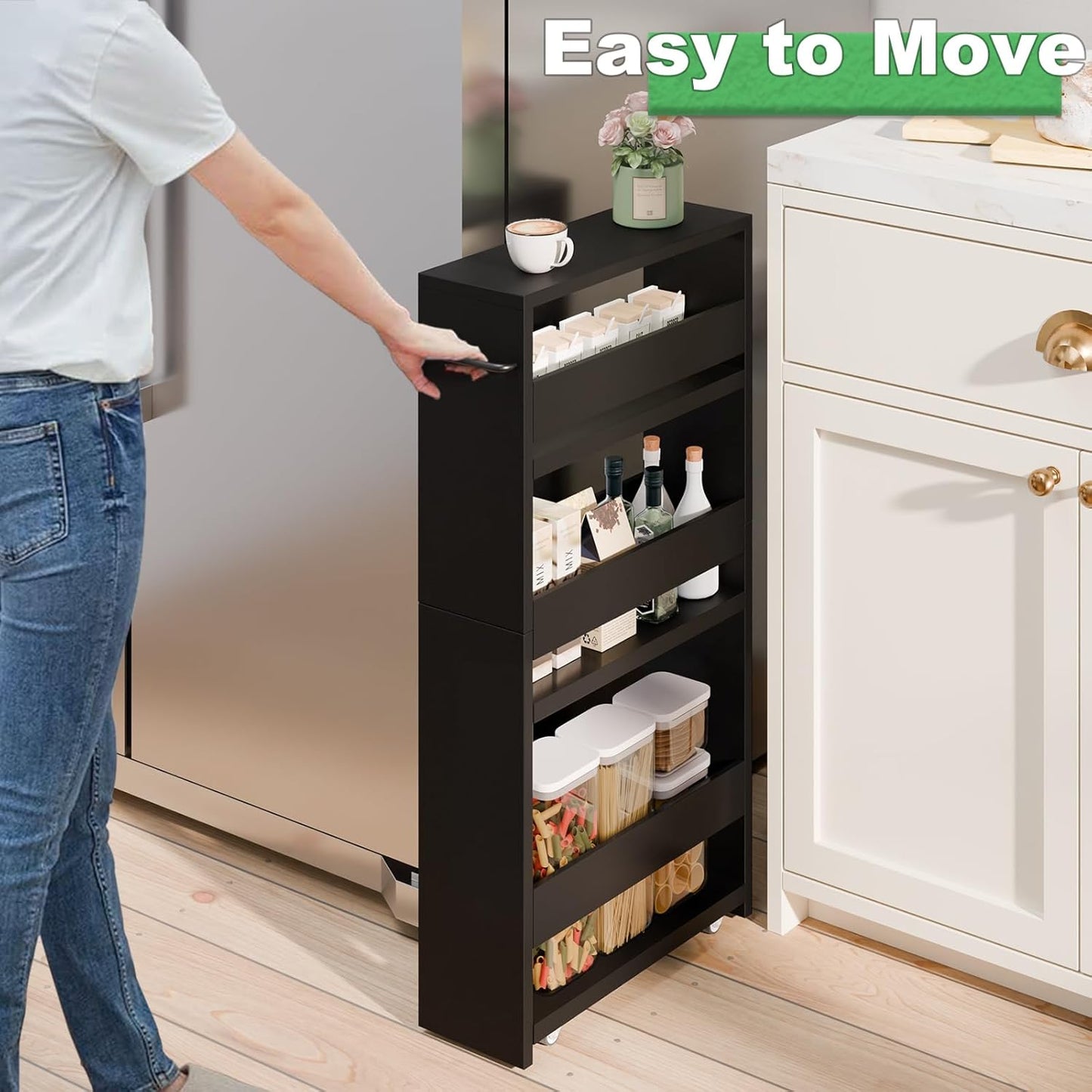 MARTY Slim Rolling Storage Cart 4-Tier Kitchen Cart with Wheels, Laundry Room Storage with Handle Slide Out Utility Cart Shelving Unit Organizer Trolley for Narrow Places Bathroom Small Corner, Black