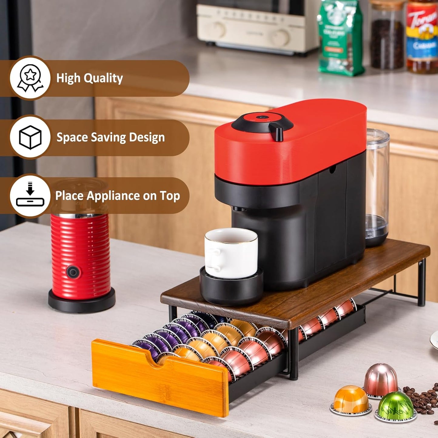Vertuo Capsule Holder Drawer for Nespresso With Elegant Wood Top (30 Pods)