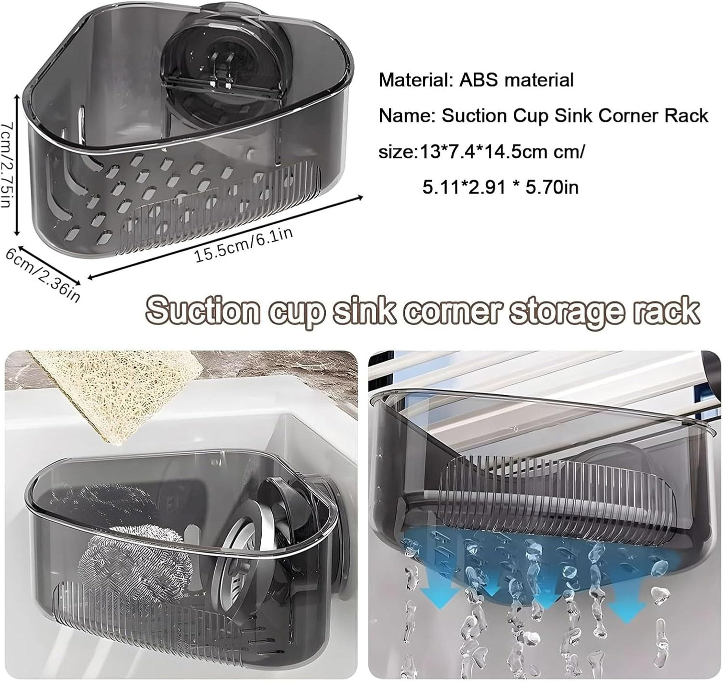 2PCS Sink Organizer Rack for Kitchen for Sponges, Scrubbers, Sink Corner Drain Box,with Adhesive Suction Cup Mount (Black)