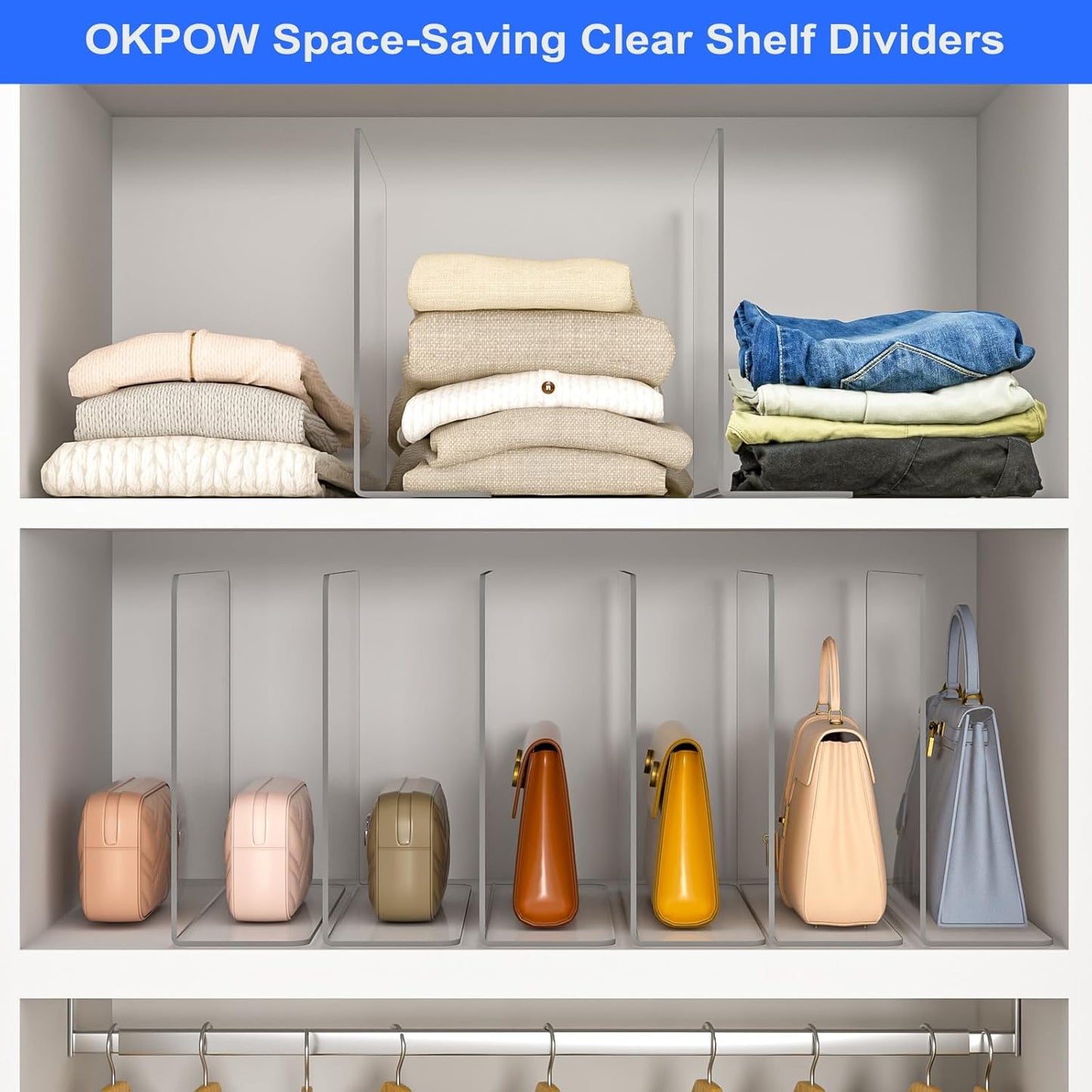 OKPOW Shelf Dividers Closet Organizer - 12" Tall X 9" Deep Acrylic Clear Sturdy Separate for Clothes Purse - Adjustable Space Saver Easy Install for Home Organization Enthusiasts 8 Pack