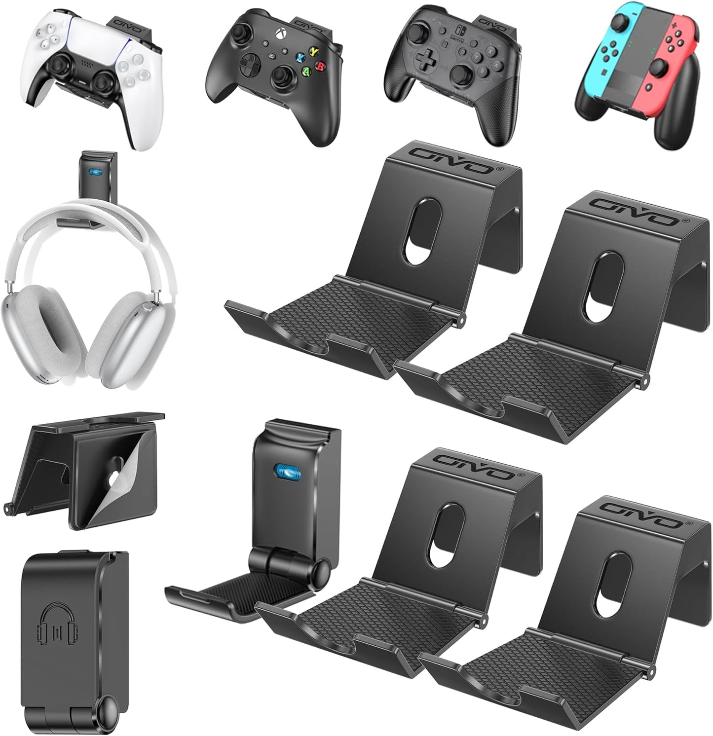 OIVO Controller & Headset Wall Mount Holder Stand, Foldable Headphone Stand, Gaming Controller Holder Hanger Hook, Universal Storage Organizer Controller/Earphone/Game Accessories-5 Packs