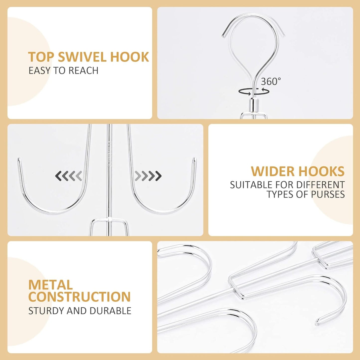 ZEDODIER Purse Organizer for Closet, Rotatable Purse Hanger Bag Holder, Max 8 Storage Capacity Backpack Rack, Metal Space Saving Hanger, Silver